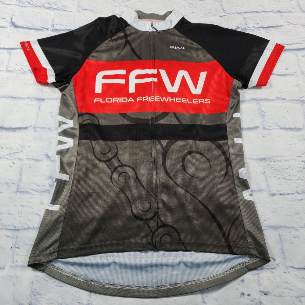 Primal Cycling Jersey WOMENS L Black Red Gray Florida Freewheelers Full Zip